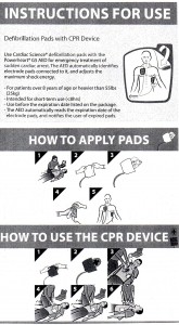 Cardiac Science instruction sheet showing pad placement and use of the CPR device.